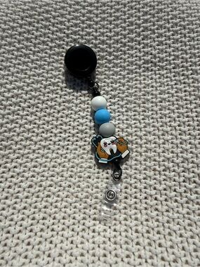 Cute Tooth Character Badge Reel with Blue and White Beads